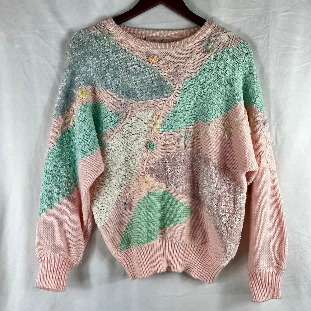Vintage 80s Pastel Sweater Beaded Sparkle Beverly Goldberg Style L